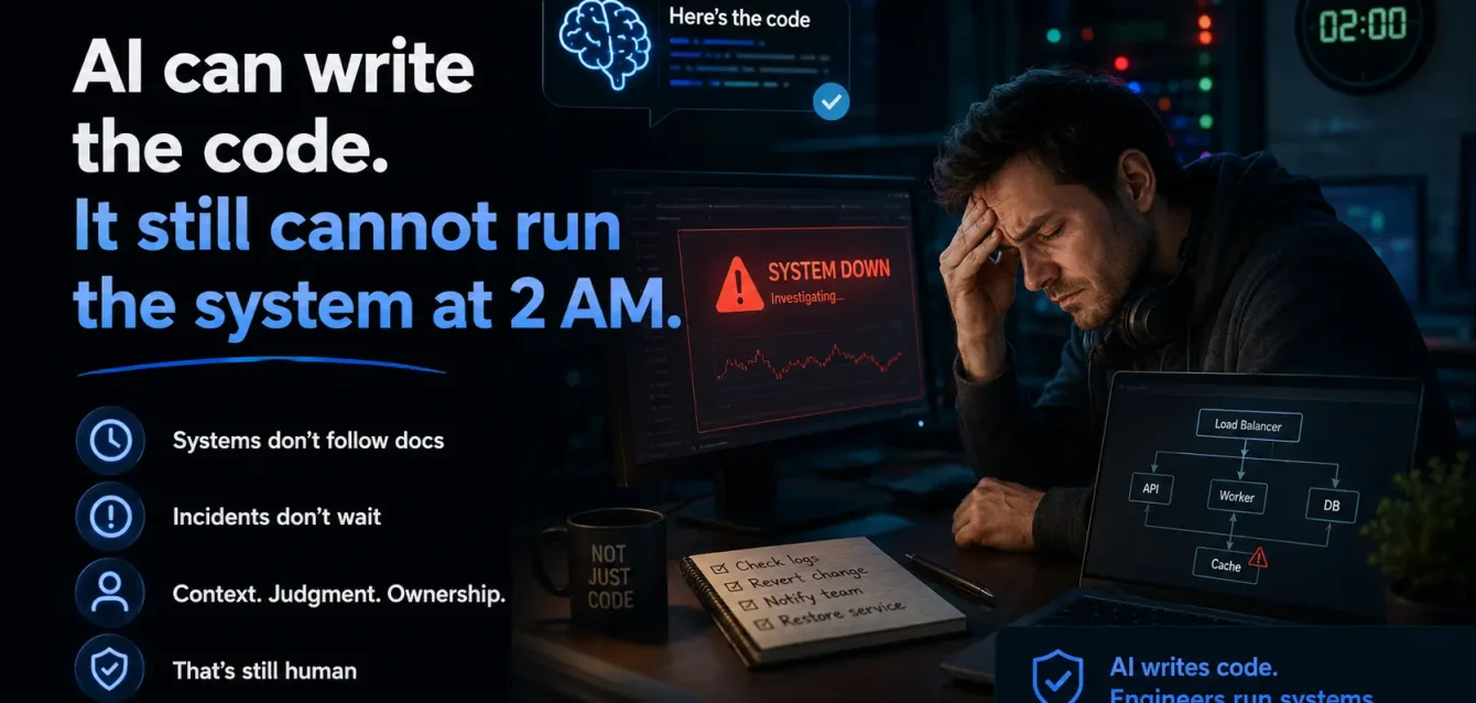 AI can write the code. It still cannot run the system at 2 AM.