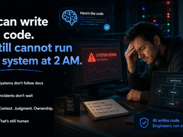AI can write the code. It still cannot run the system at 2 AM.